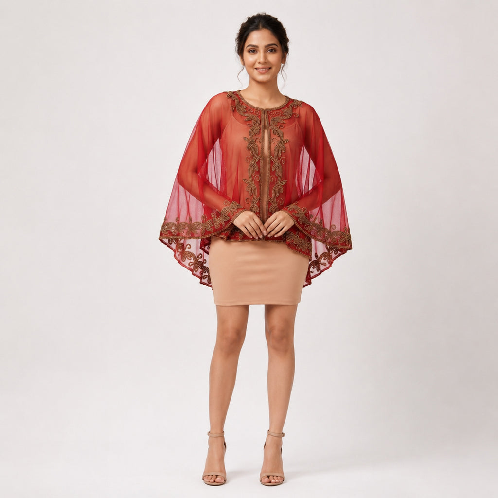 Women's Elegant Hand-Embroidered Red Sheer Cape Overlay Dress-2