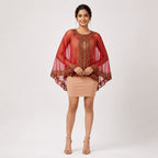 Women's Elegant Hand-Embroidered Red Sheer Cape Overlay Dress-2