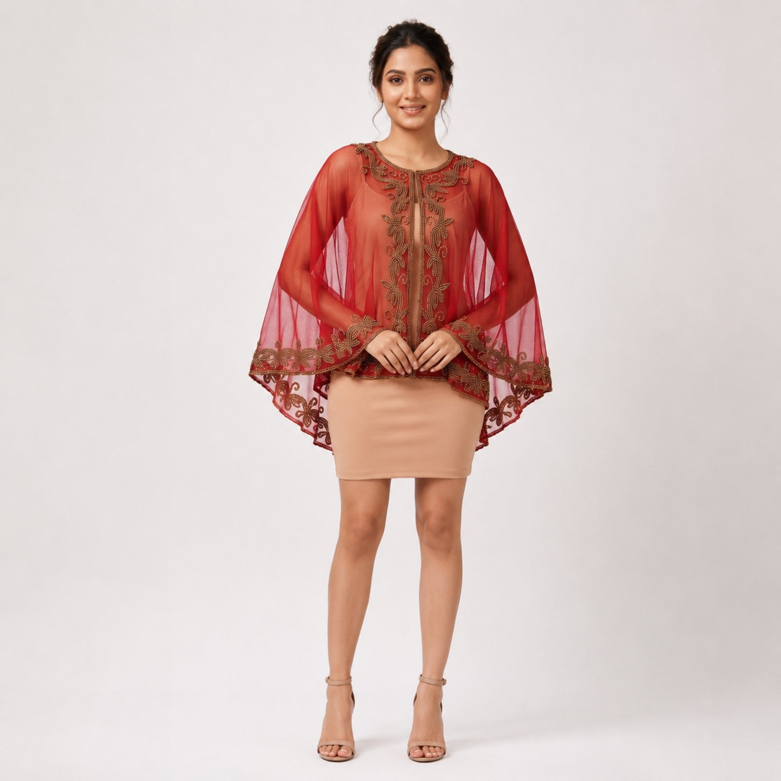 Women's Elegant Hand-Embroidered Red Sheer Cape Overlay Dress-2