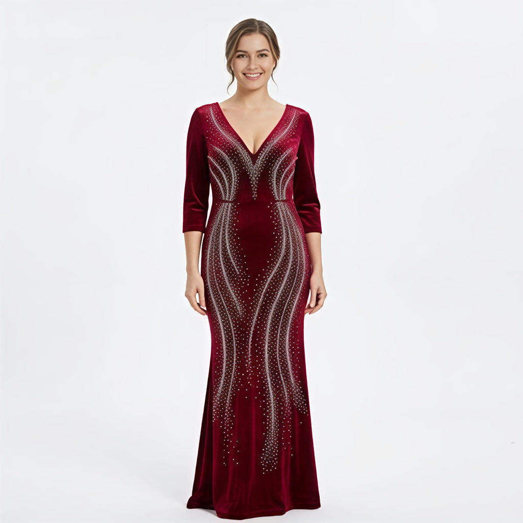 Women's Burgundy Embellished Evening Gown-1