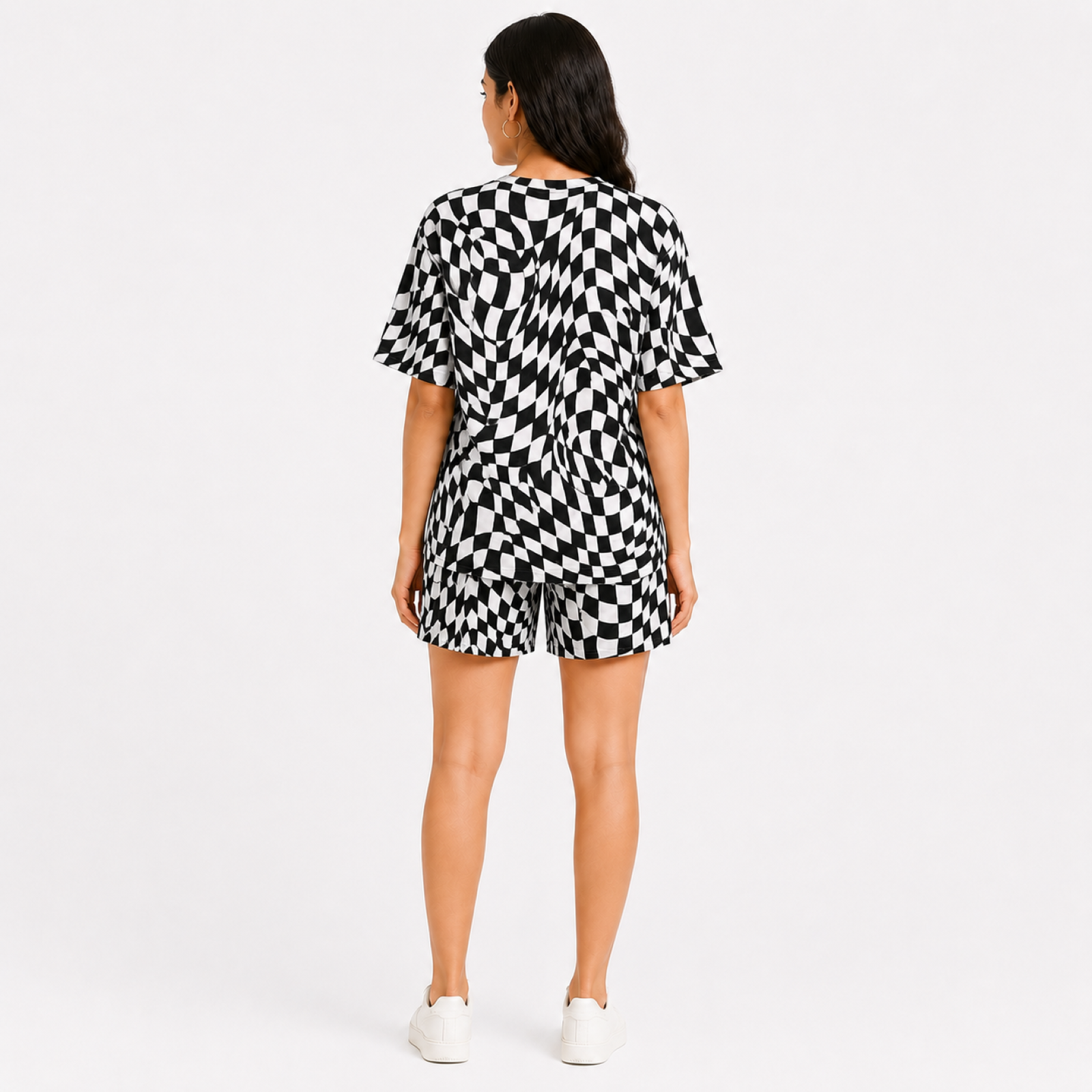 Women's Black & White Optical Check Print Co-Ord Set with Half Sleeve Top & Shorts-1