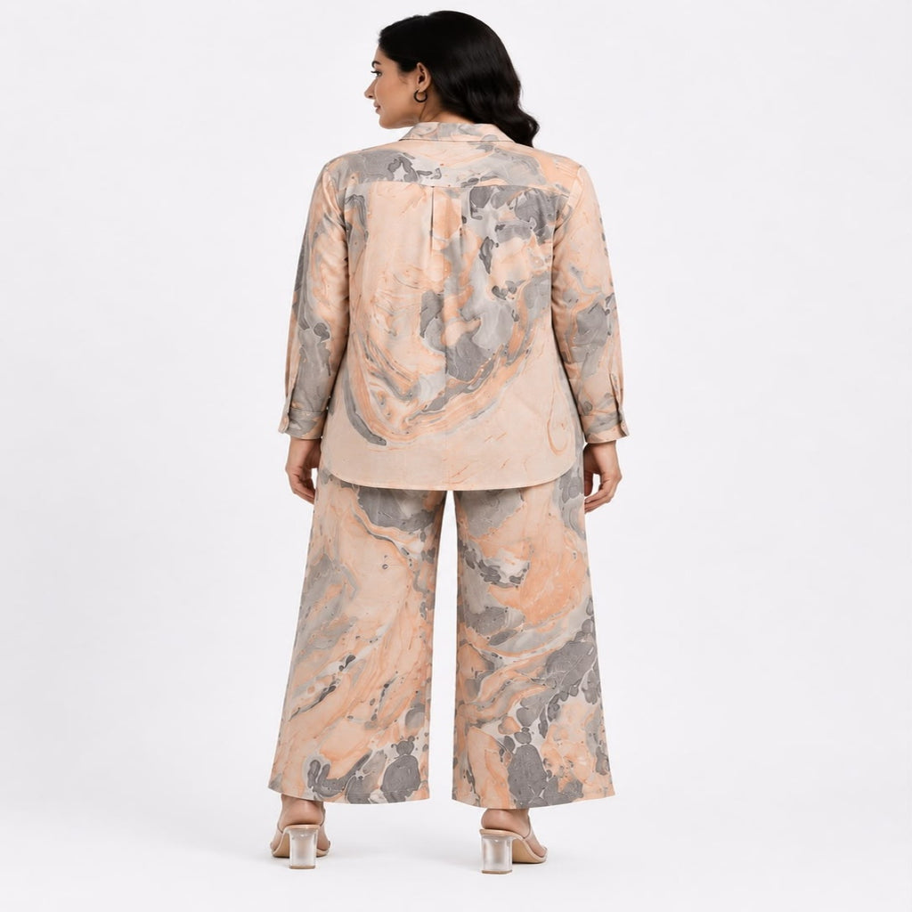 Women's Marble Print Co-Ord Set | Stylish Shirt & Wide Leg Pant Co-Ord Set for Women – Orange-4