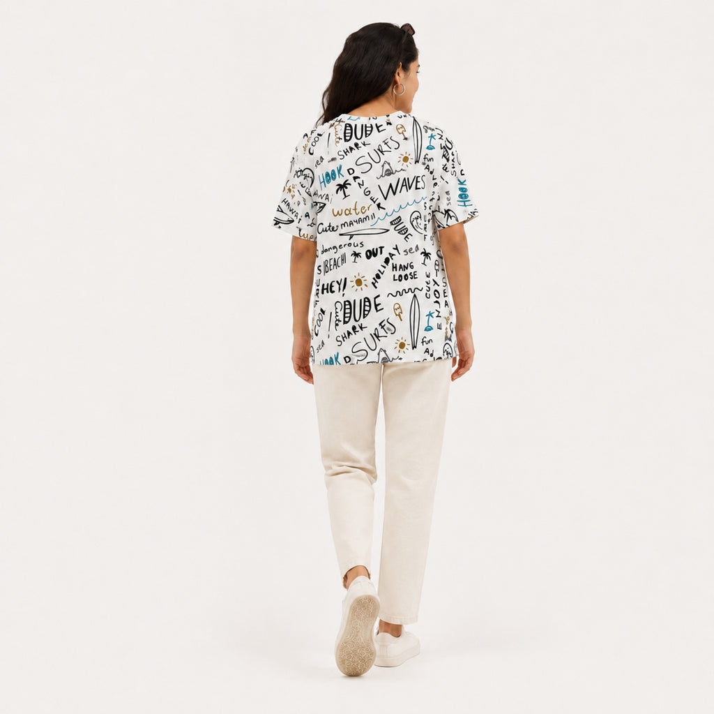 Women's White All-Over Doodle Print Cartoon Graphic Oversized T-Shirt | Relaxed Half Sleeve Casual Tee-4