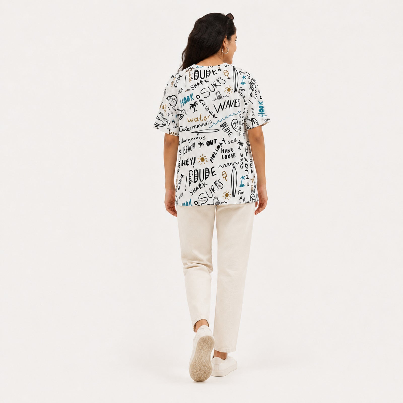 Women's White All-Over Doodle Print Cartoon Graphic Oversized T-Shirt | Relaxed Half Sleeve Casual Tee-4