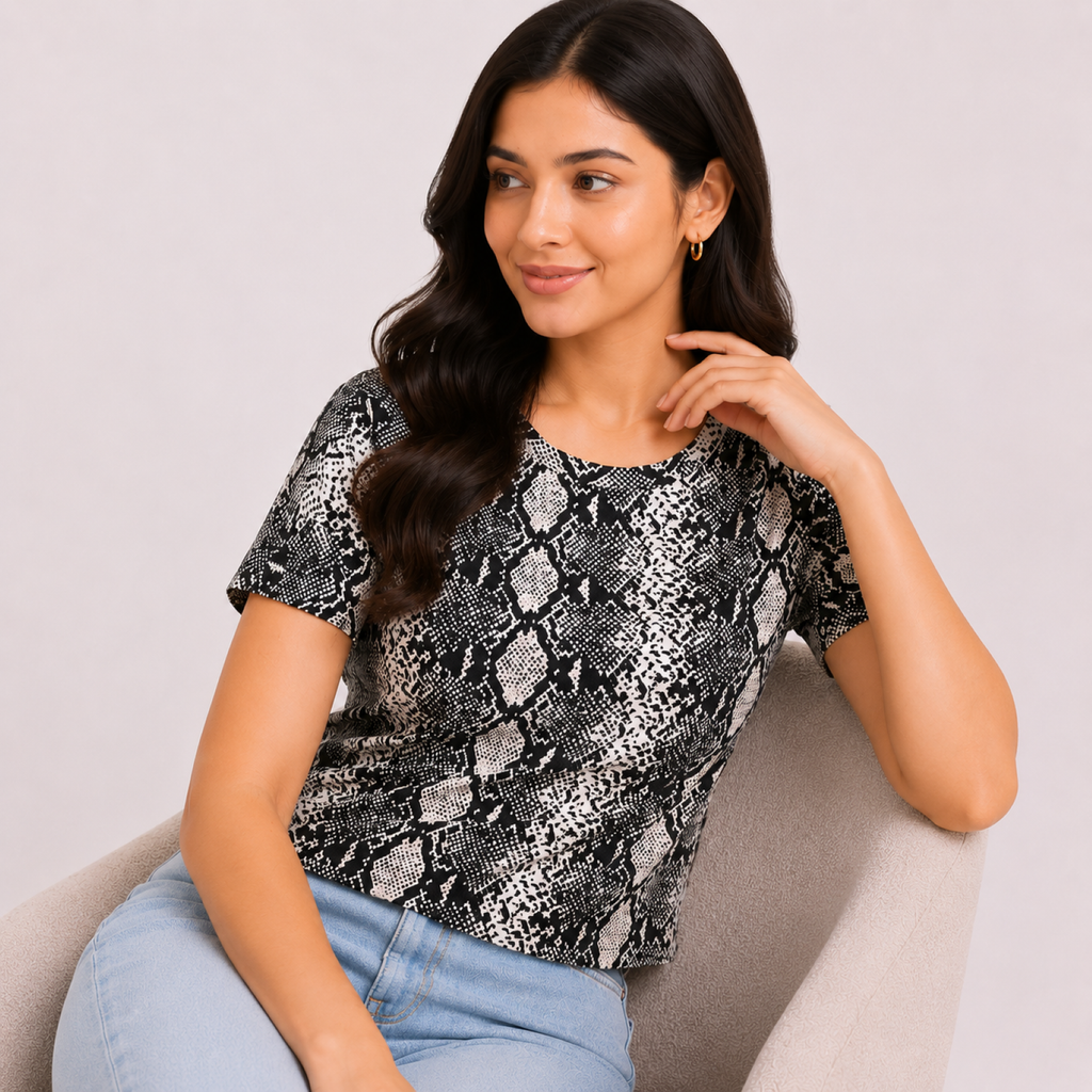 Women's Beige Snake Print Round Neck Regular Fit Top with Short Sleeves-3