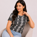 Women's Beige Snake Print Round Neck Regular Fit Top with Short Sleeves-3