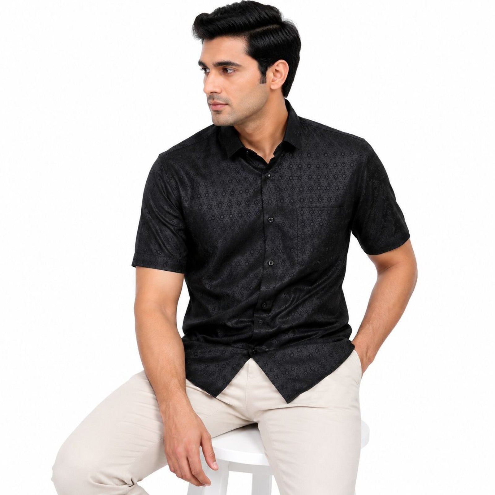 Men's Black Geo Dot Self-Pattern Half Sleeve Shirt | Sleek Casual Button-Up Shirt-2