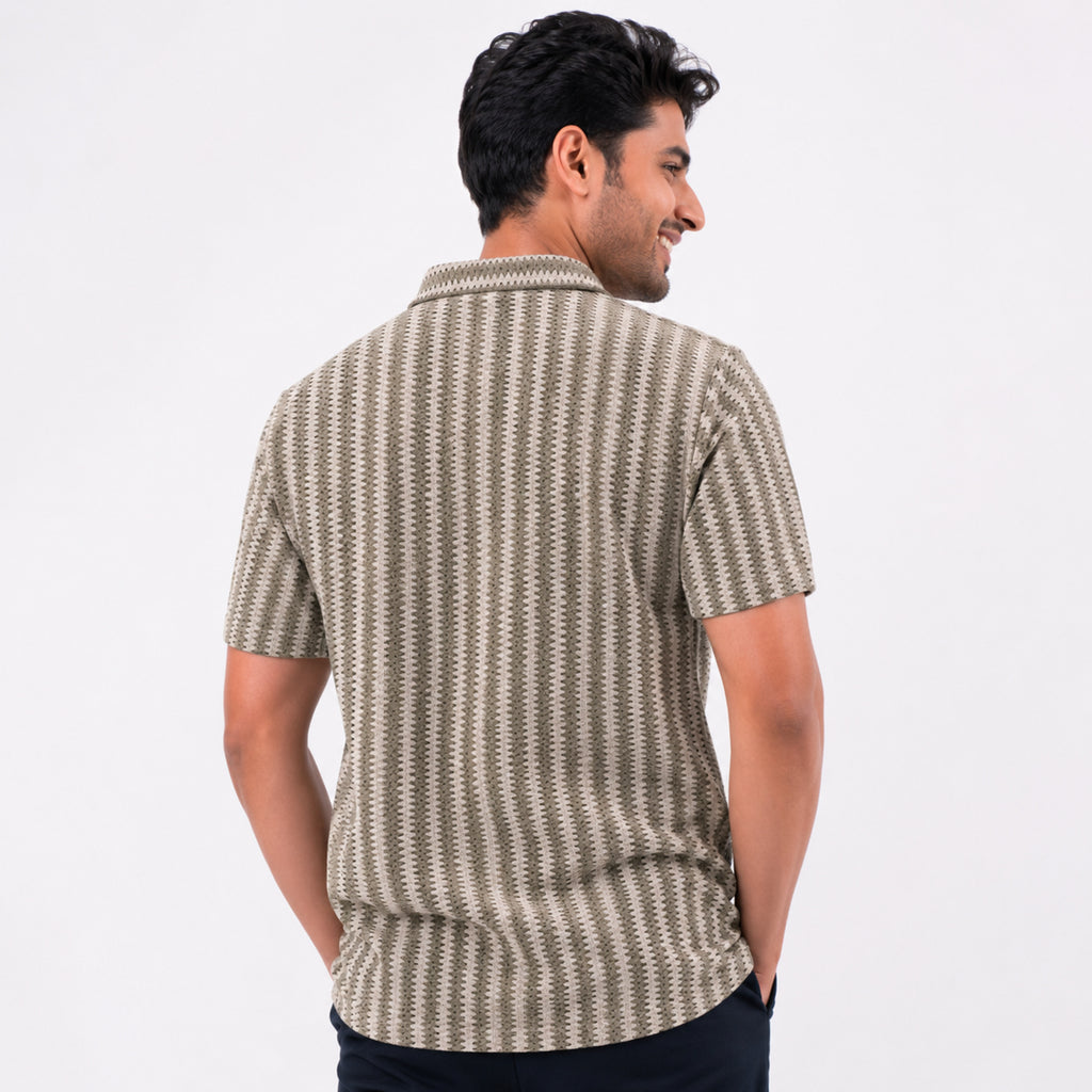 Men's Grey Vertical Stripe Casual Cuban Collar Shirt-4