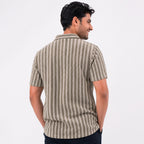 Men's Grey Vertical Stripe Casual Cuban Collar Shirt-4