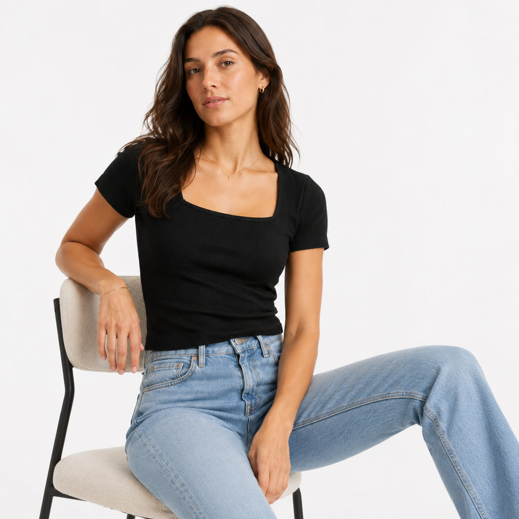 Women's Black Square Neck Ribbed Short Sleeve Top | Sleek Everyday Fitted Tee-3