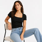 Women's Black Square Neck Ribbed Short Sleeve Top | Sleek Everyday Fitted Tee-3
