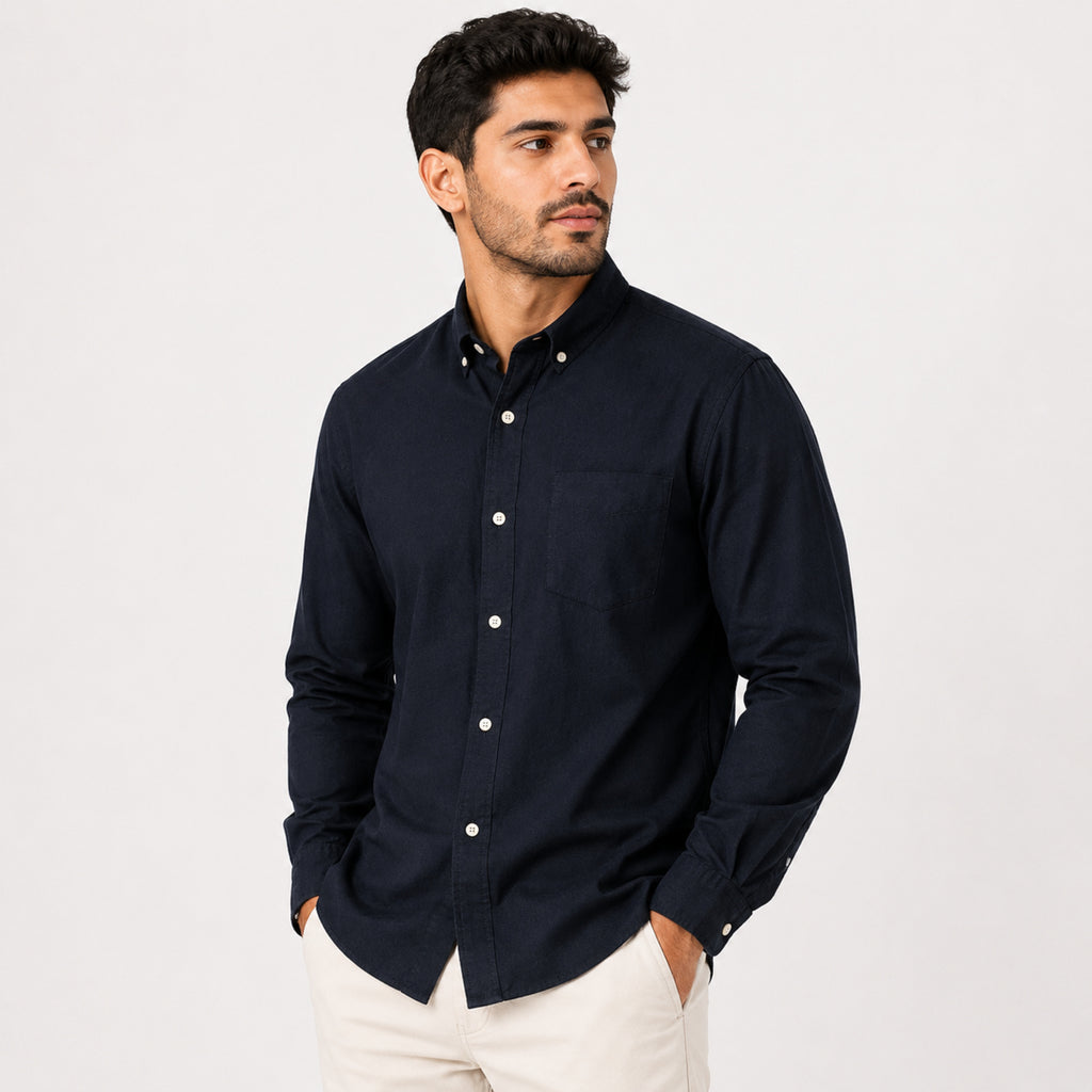 Men's Classic Navy Blue Button-Down Casual Solid Shirt-4