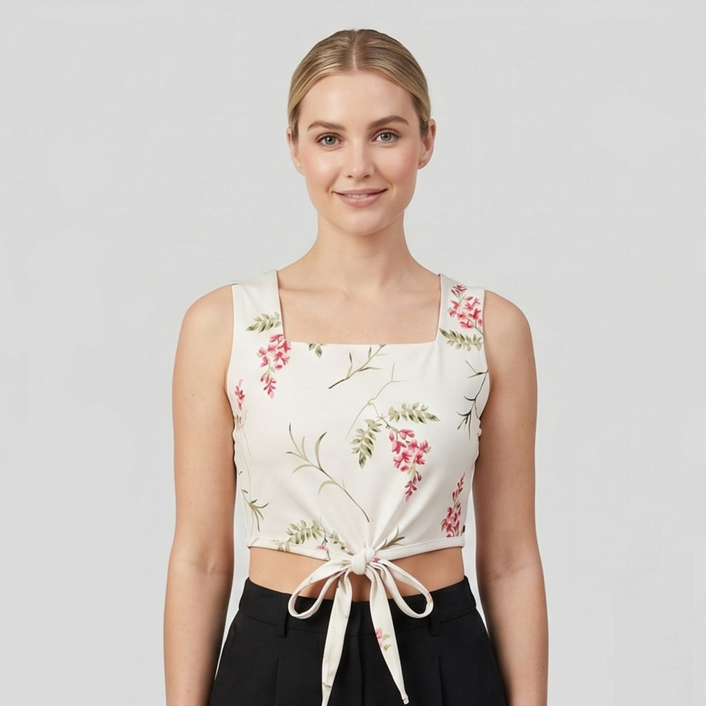 Women's White Floral Tie-Up Crop Top-1