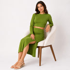 Women's Olive Green Ruched Crop Top and Midi Skirt Co-Ord Set-2