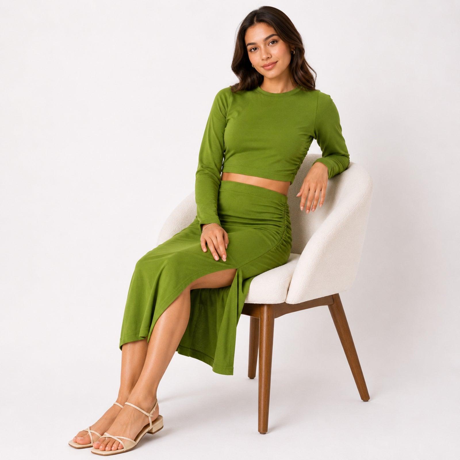 Women's Olive Green Ruched Crop Top and Midi Skirt Co-Ord Set-2