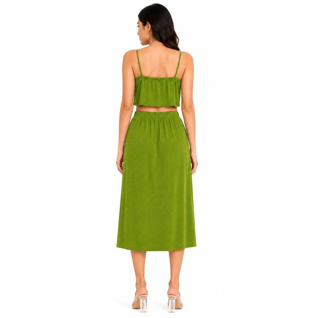Women's Green Sleeveless Crop Top and Wrap Midi Skirt Co-Ord Set-4