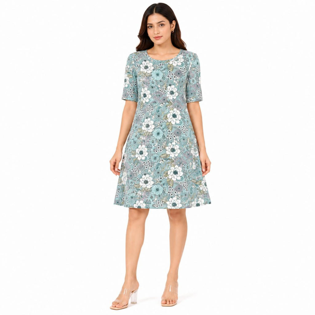 Women's Blue Floral Print Half Sleeve A-Line Dress-3