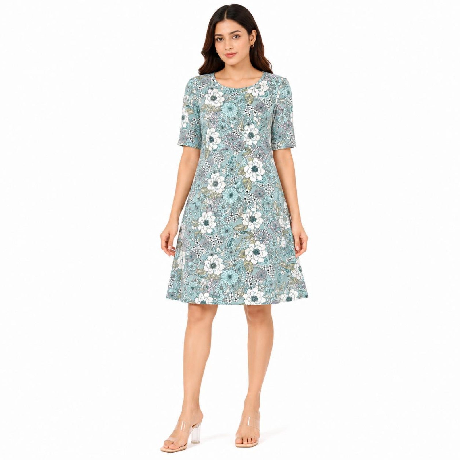 Women's Blue Floral Print Half Sleeve A-Line Dress-3