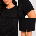 Women's Alluring Little Black Textured Sheath Dress with Shimmering Bodice-3