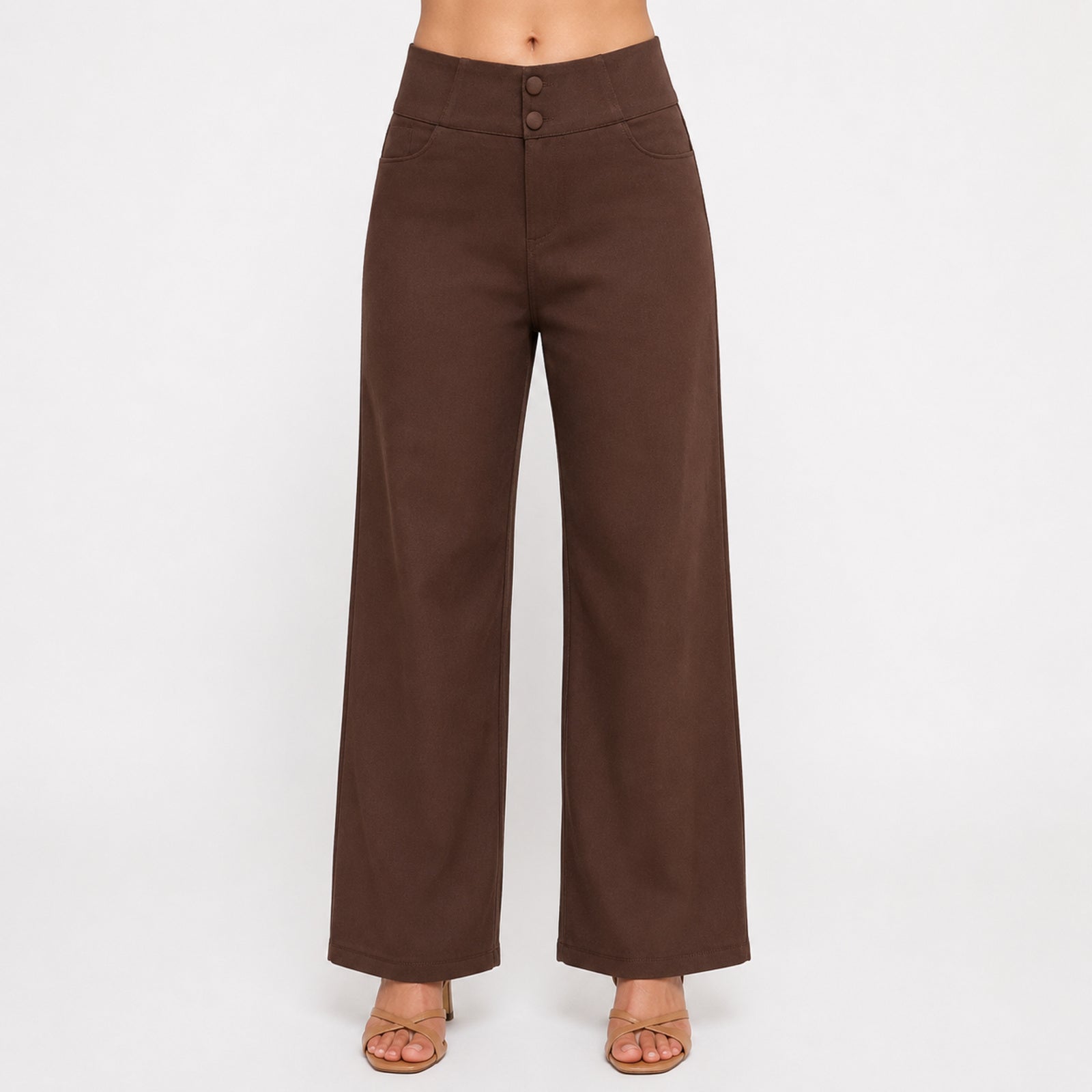 Women's Elegant High-Waisted Coffee Brown Wide-Leg Trousers-1