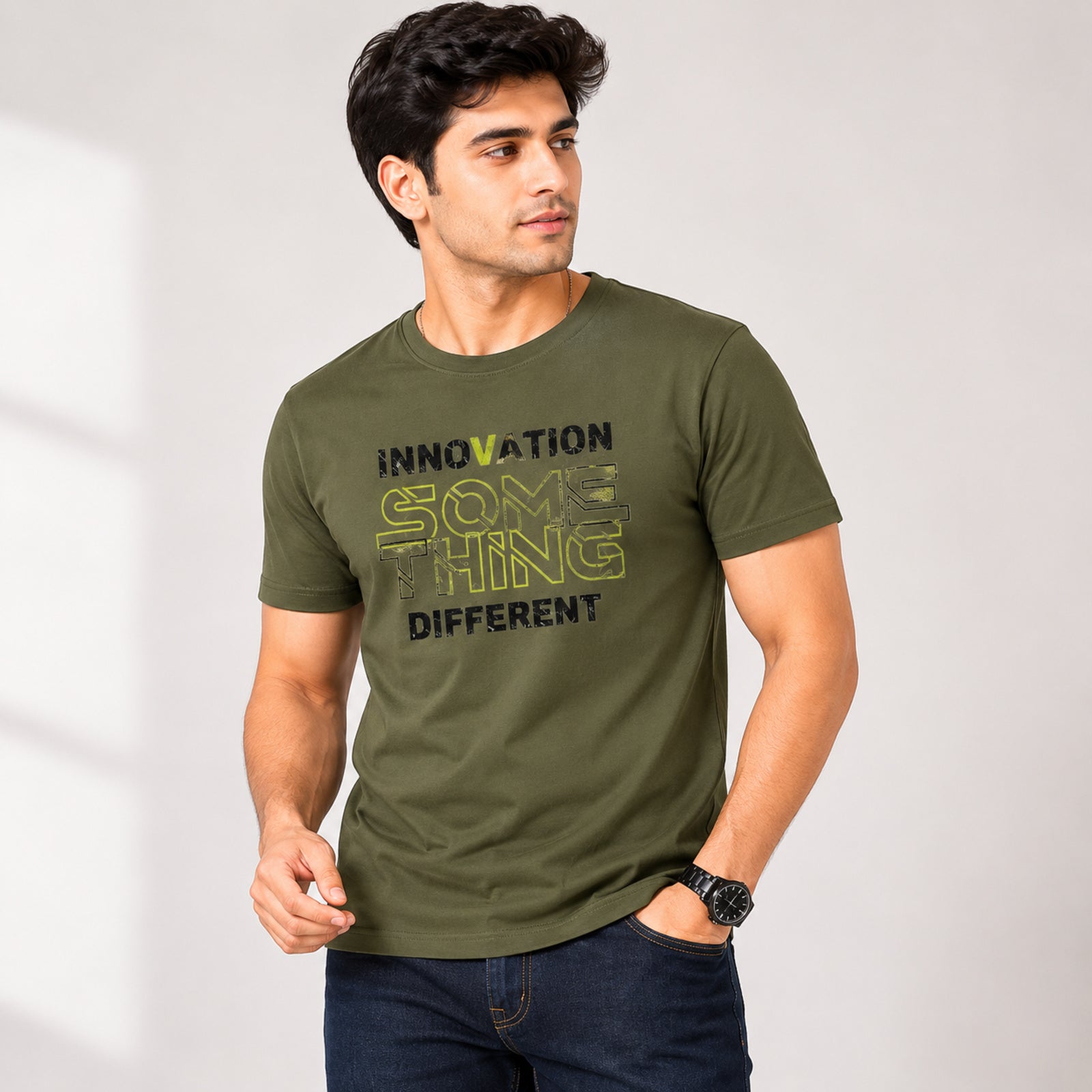 Men's Olive Green Typography Printed T-Shirt-2