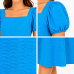 Women's Blue Textured Square Neck Puff Sleeve Midi Dress-4