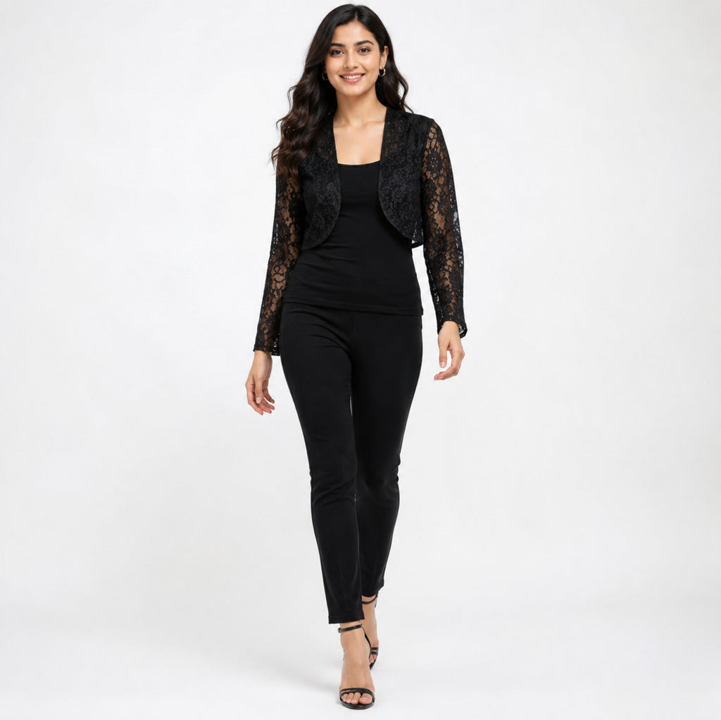 Women's Black Lace Bolero Shrug with Full Sleeves-1
