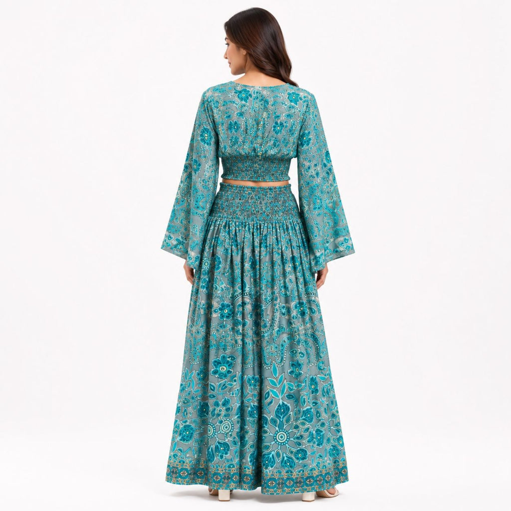 Women's Bohemian Chic Sage Green Floral Flare-Sleeve Crop Top and Maxi Skirt Set-4