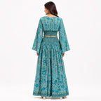 Women's Bohemian Chic Sage Green Floral Flare-Sleeve Crop Top and Maxi Skirt Set-4