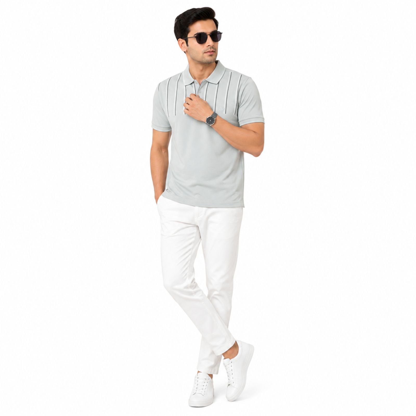 Men's Light Grey Textured Polo T-Shirt-1