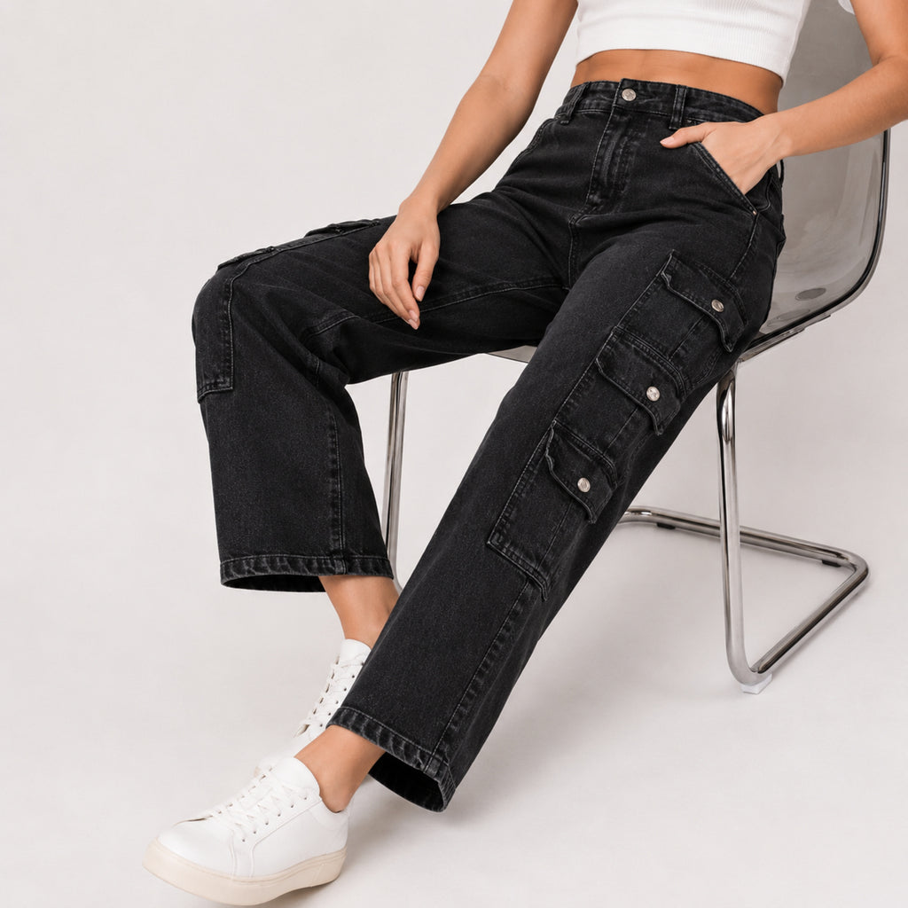 Women's Dark Grey Cargo Fit Denim Jeans-3
