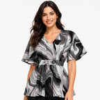 Women's Grey Abstract Print V-Neck Belted Peplum Top | Elegant Casual Everyday Blouse-3