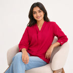Women's Red V-Neck Puff Sleeve Solid Top | Elegant Office Wear Casual Fashion Blouse-2
