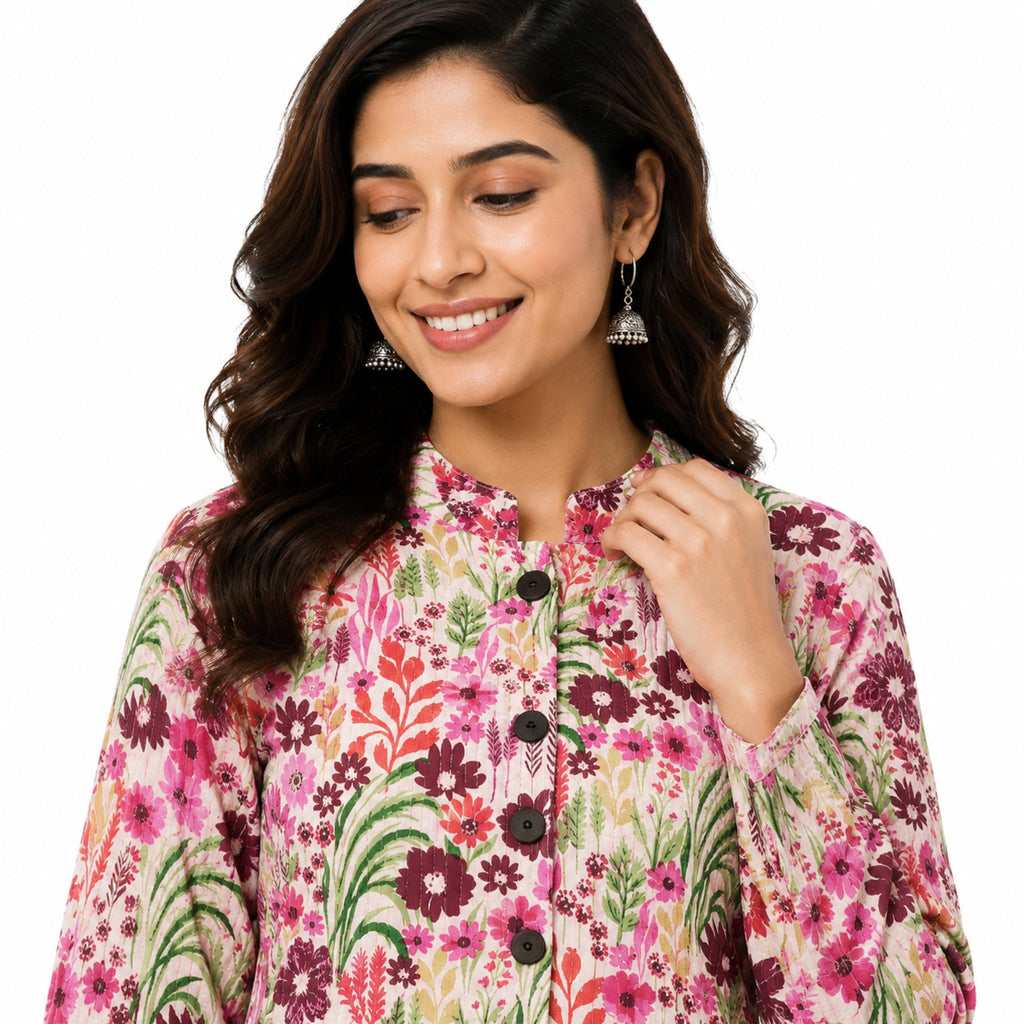Women’s Pink Floral Printed Jacket – Full Sleeve Flared Jacket with Button-Front Design-2
