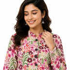 Women’s Pink Floral Printed Jacket – Full Sleeve Flared Jacket with Button-Front Design-2