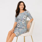 Women's Blue Floral Print Bodycon Knee-Length Dress | 3/4 Sleeve Casual Midi Dress-2
