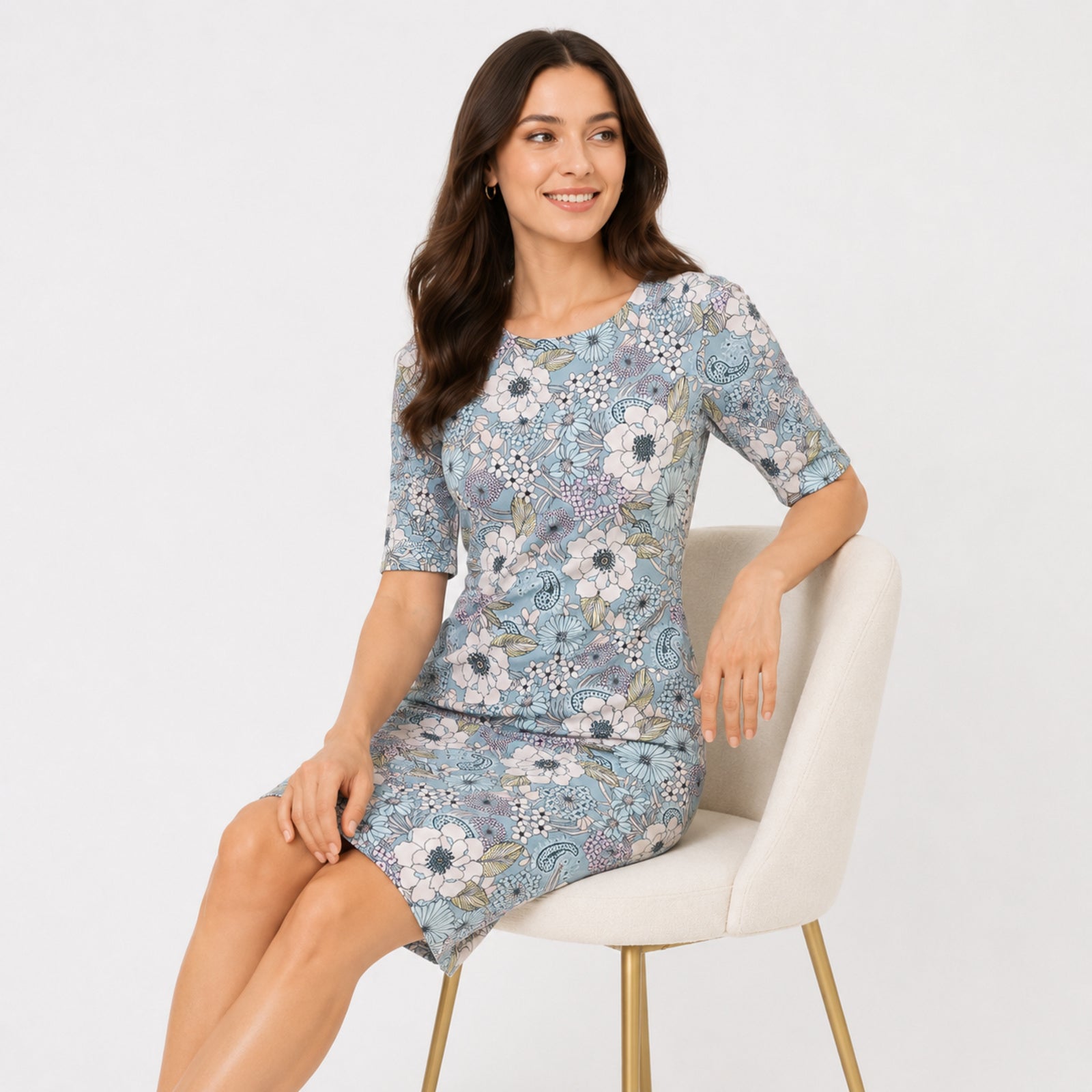 Women's Blue Floral Print Bodycon Knee-Length Dress | 3/4 Sleeve Casual Midi Dress-2