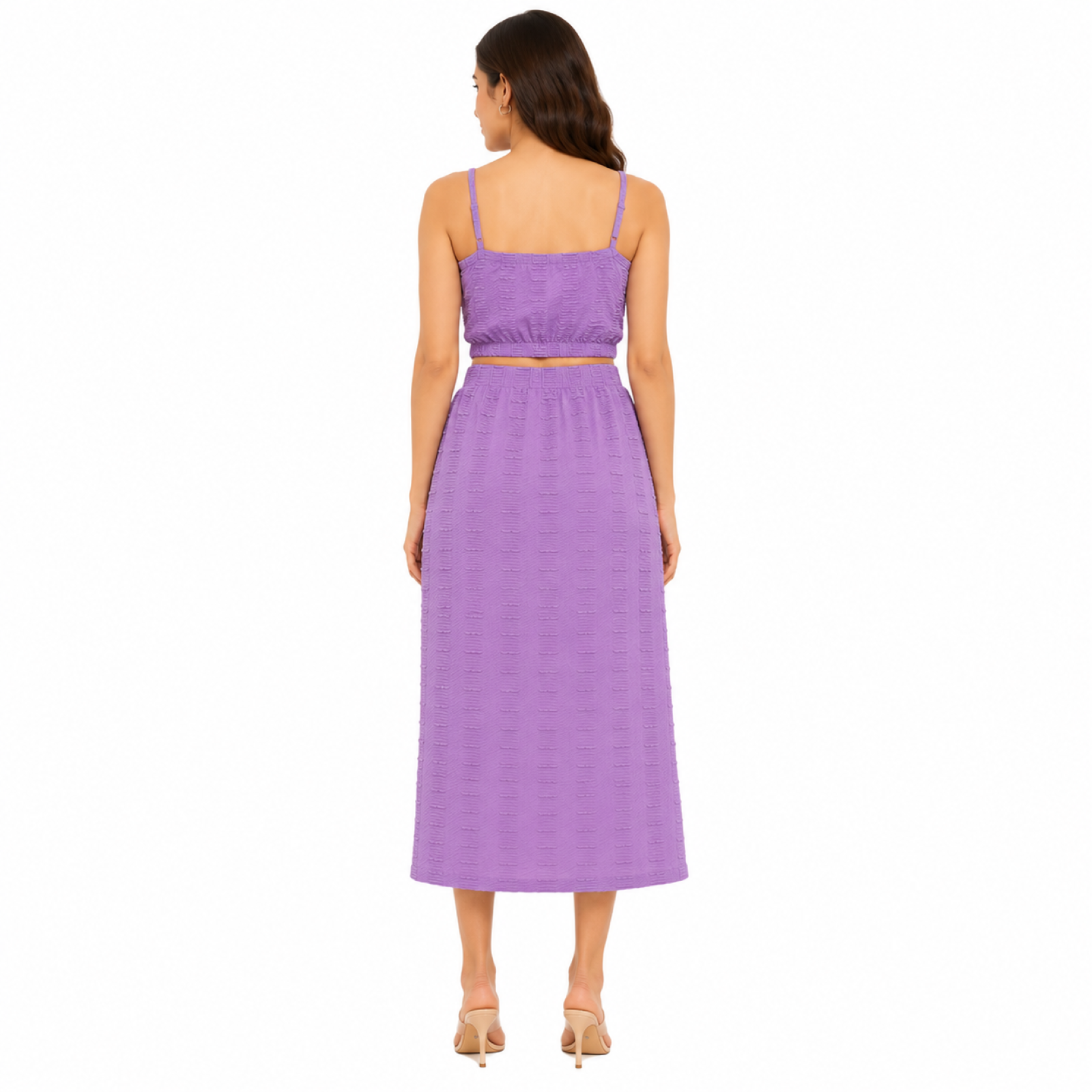 Women's Purple Textured Co-Ord Set | Sleeveless Crop Top & High-Waist Midi Skirt with Side Slit-4