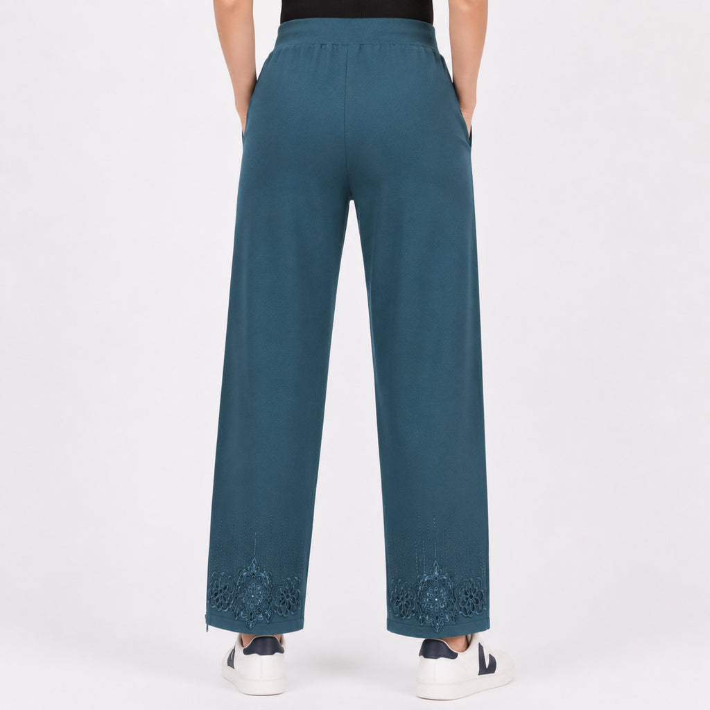 Women's Olive Green Embroidered Wide Leg Palazzo Pants-4