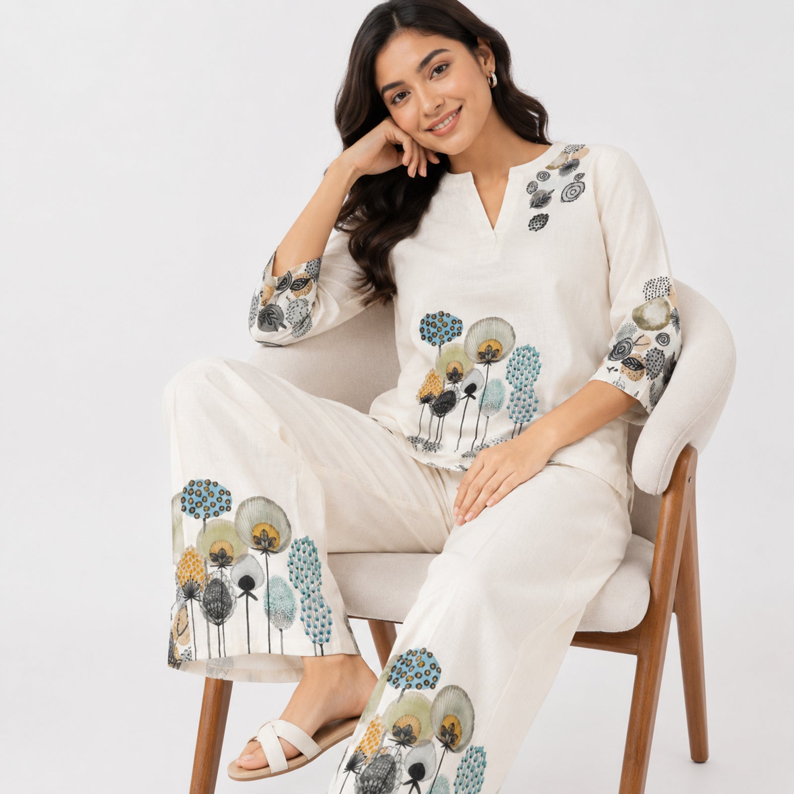 Women's Beige Printed Kurta Pant Co-Ord Set-3