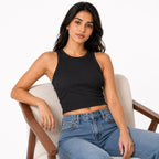 Women's Black Ribbed Sleeveless Crop Tank Top-2