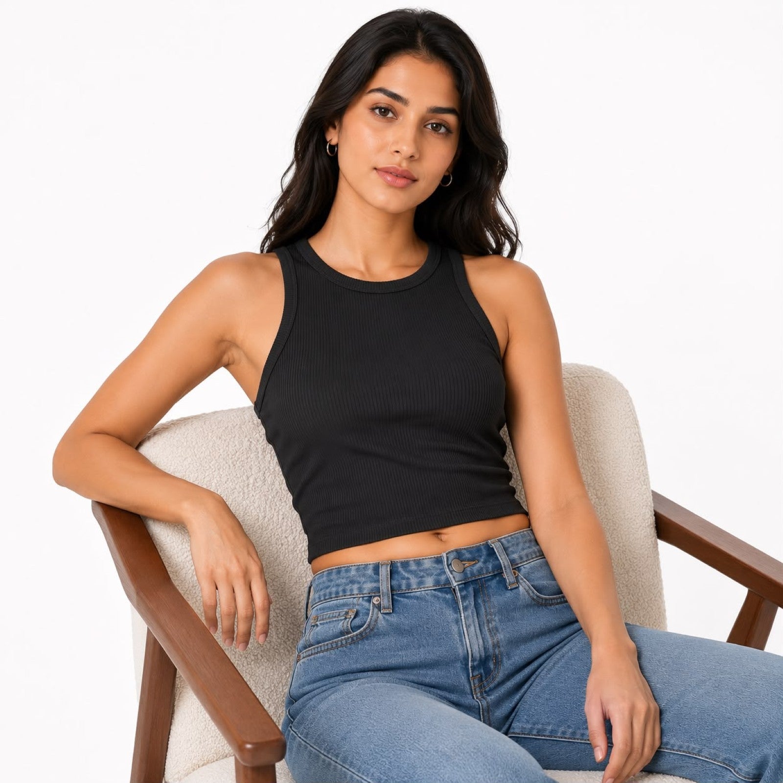 Women's Black Ribbed Sleeveless Crop Tank Top-2