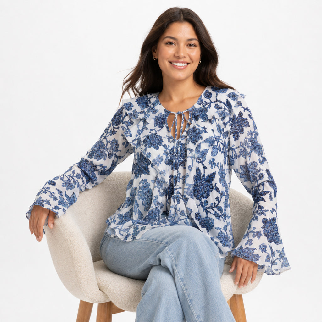 Women's White Blue Floral Print Tie-Neck Handkerchief Hem Top | Flared Sleeve Blouse-3