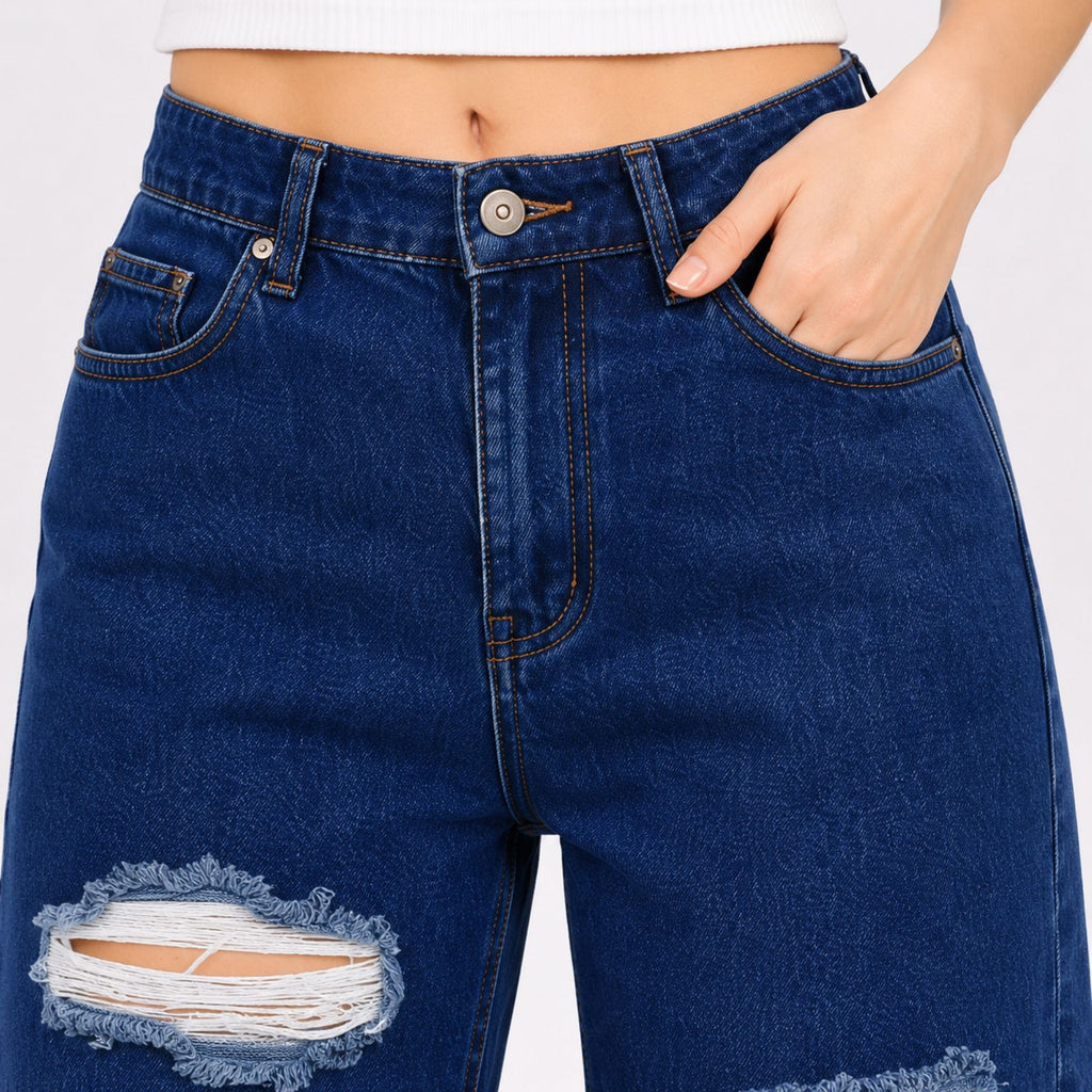 Women's Sleek High-Waist Wide-Leg Distressed Dark Blue Denim Jeans-4