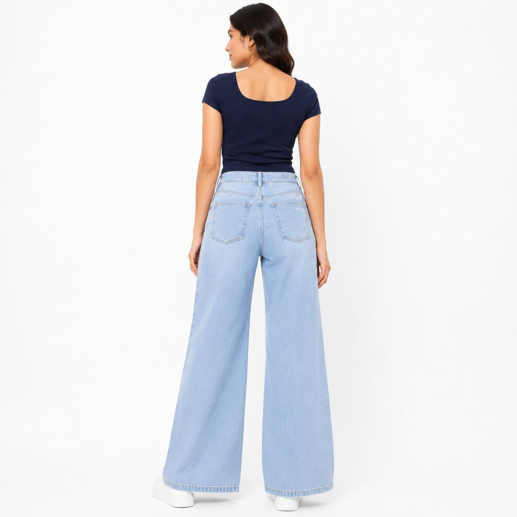 Women's Light Blue Wide Leg High-Rise Jeans | Casual Everyday Denim Pants-4