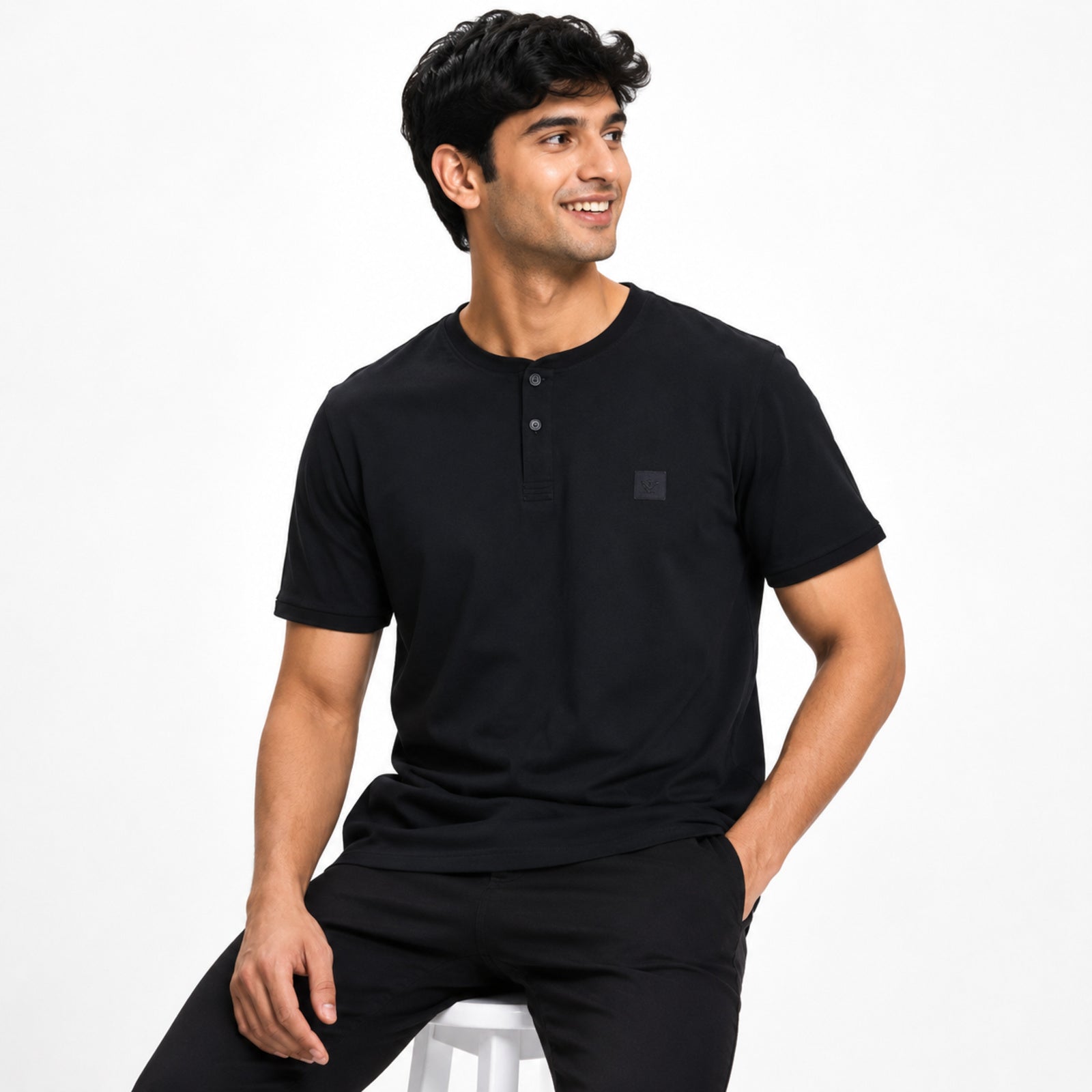 Men's Classic Black Henley Neck T-Shirt-2