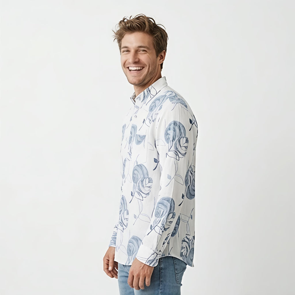 Men's White & Blue Abstract Floral Printed Casual Shirt-1