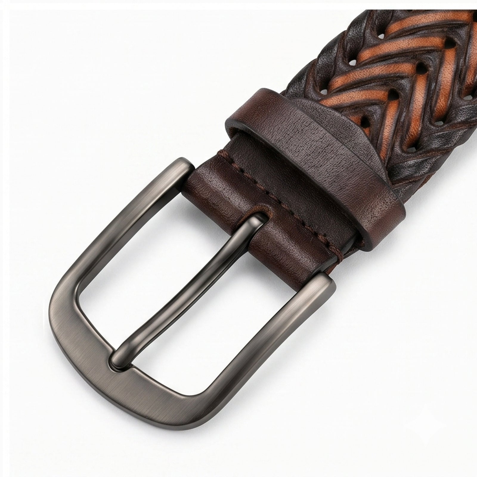 Men’s Luxury Braided Brown Leather Formal Belt with Gunmetal Buckle-3