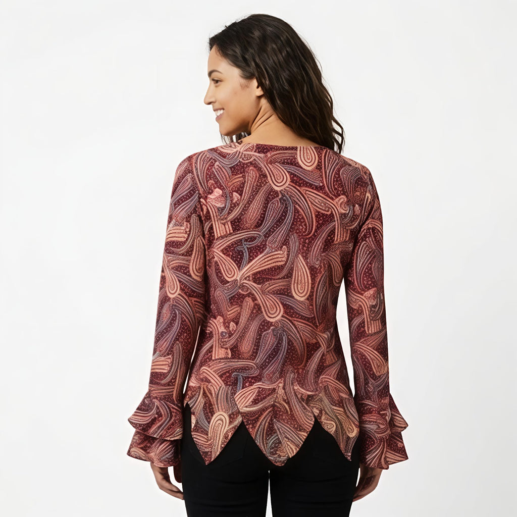 Women's Paisley Print V-Neck Ruffle Sleeve Top-4