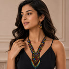 Women's Obsidian Floral Geometric Hand-Beaded Jewelry Set with V-Neck Fringe Necklace and Drop Earrings-1